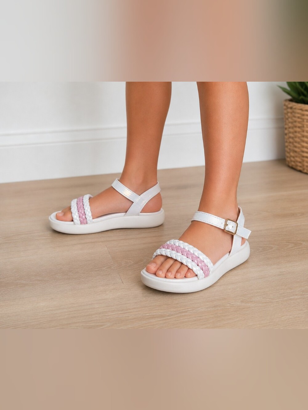 Kenzie Girl Girls Sandals Size 1 White & Pink Braided Ankle Strap Sandals